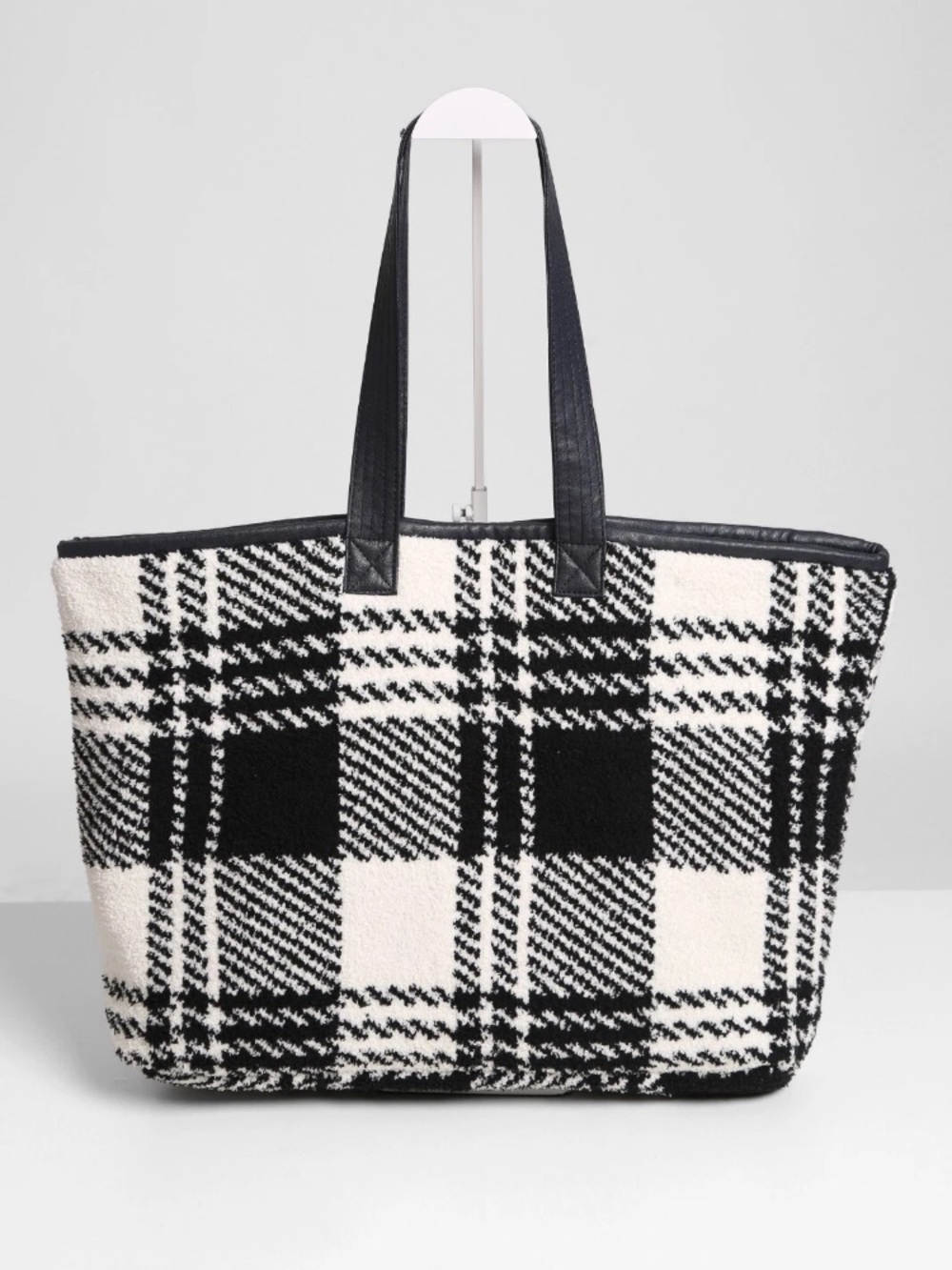 Black & White Plaid Tote with Shoulder Straps